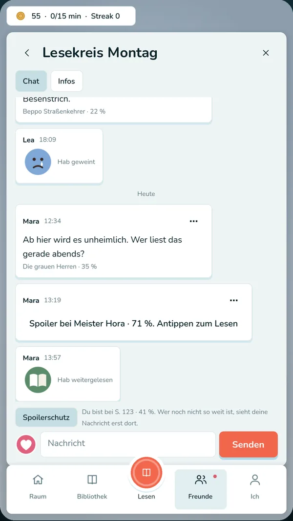 Chat in einem Buchclub mit Spoilerschutz
