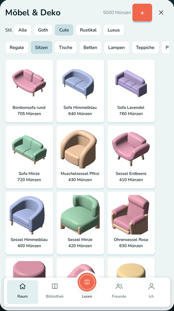 Der Möbel-Shop mit Sofas und Sesseln in verschiedenen Farben